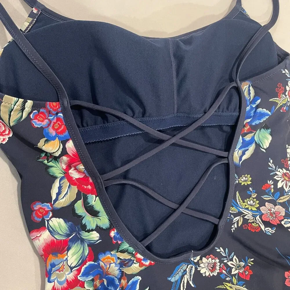 ~ Johnny Was Lg Swimsuit 1-Piece Navy Floral Tank Lace-Back Strappy Large 10/12 - Picture 15 of 16